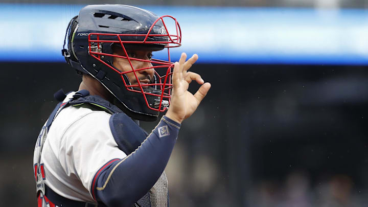 May 25, 2024; Pittsburgh, Pennsylvania, USA;  Atlanta Braves catcher Chadwick Tromp (45) gestures to the Braves dugout against the Pittsburgh Pirates during the eighth inning at PNC Park. Pittsburgh won 4-1. 