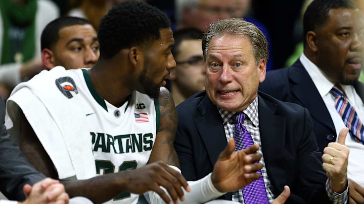 Dec 6, 2014; East Lansing, MI, USA; Michigan State Spartans guard/forward Branden Dawson (22) and Michigan State Spartans head coach Tom Izzo talk on the bench against Arkansas-Pine Bluff Golden Lions during the 2nd half of a game at Jack Breslin Student Events Center. Mandatory Credit: Mike Carter-Imagn Images Dec 6, 2014; East Lansing, MI, USA; Michigan State Spartans guard/forward Branden Dawson (22) and Michigan State Spartans head coach Tom Izzo talk on the bench against Arkansas-Pine Bluff Golden Lions during the 2nd half of a game at Jack Breslin Student Events Center. Mandatory Credit: Mike Carter-Imagn Images