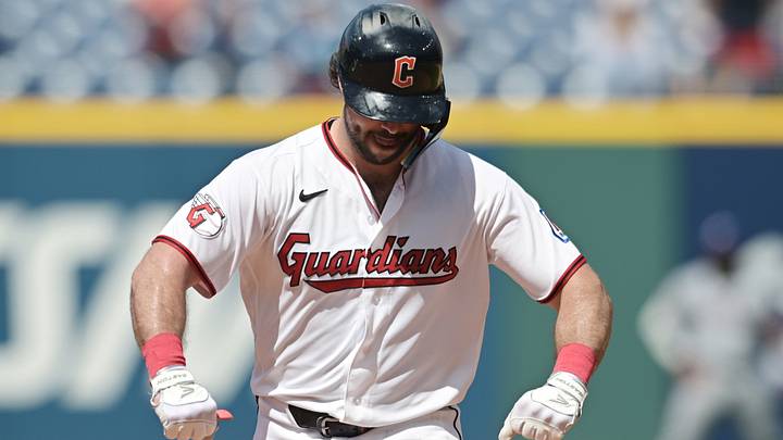 Jul 1, 2026: Cleveland Guardians catcher Austin Hedges (27) rounds the bases after hitting a home run during the eighth inning against the Texas Rangers at Progressive Field. 