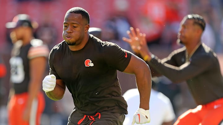 Cleveland Browns running back Nick Chubb warms up before an NFL football game against the Cincinnati Bengals at Huntington Bank Field, Sunday, Oct. 20, 2024, in Cleveland, Ohio. Cleveland Browns running back Nick Chubb warms up before an NFL football game against the Cincinnati Bengals at Huntington Bank Field, Sunday, Oct. 20, 2024, in Cleveland, Ohio.