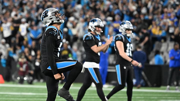 Jan 10, 2026; Charlotte, NC, USA; Carolina Panthers quarterback Bryce Young (9) reacts in the fourth quarter in an NFC Wild Card Round game at Bank of America Stadium. Mandatory Credit: Bob Donnan-Imagn Images