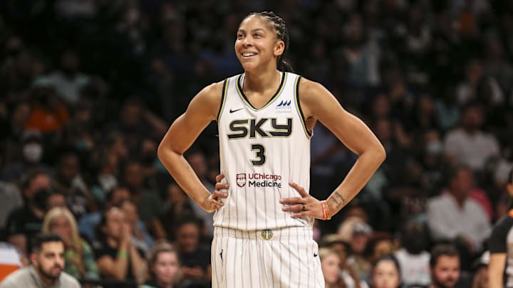 Aug 23, 2022; Brooklyn, New York, USA; Chicago Sky forward Candace Parker (3) reacts after being called for a foul in the third quarter against the New York Liberty at Barclays Center. Mandatory Credit: Wendell Cruz-Imagn Images