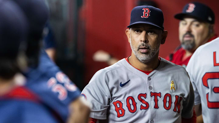Sep 7, 2025; Phoenix, Arizona, USA; Boston Red Sox manager Alex Cora against the Arizona Diamondbacks at Chase Field. Mandatory Credit: Mark J. Rebilas-Imagn Images