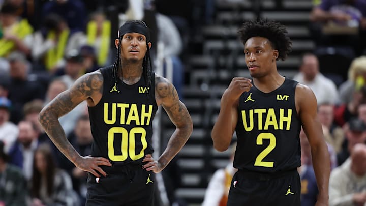 Mar 6, 2024; Salt Lake City, Utah, USA; Utah Jazz guard Jordan Clarkson (00) and guard Collin Sexton (2) speak during a second quarter break in action against the Chicago Bulls at Delta Center. Mandatory Credit: Rob Gray-Imagn Images Mar 6, 2024; Salt Lake City, Utah, USA; Utah Jazz guard Jordan Clarkson (00) and guard Collin Sexton (2) speak during a second quarter break in action against the Chicago Bulls at Delta Center. Mandatory Credit: Rob Gray-Imagn Images
