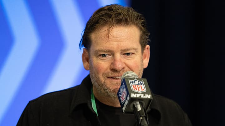Feb 27, 2024; Indianapolis, IN, USA; Seattle Seahawks general manager John Schneider talks to the media at the 2024 NFL Combine at Indiana Convention Center. Mandatory Credit: Trevor Ruszkowski-USA TODAY Sports