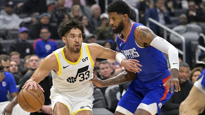 Apr 5, 2024; Los Angeles, California, USA; Los Angeles Clippers forward Paul George (13) guards Utah