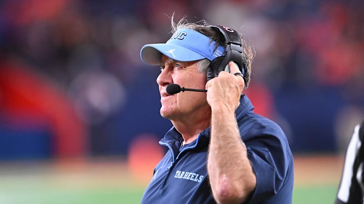Oct 31, 2025; Syracuse, New York, USA; North Carolina Tar Heels head coach Bill Belichick looks to the clock in the fourth quarter game against the Syracuse Orange at the JMA Wireless Dome. Mandatory Credit: Mark Konezny-Imagn Images