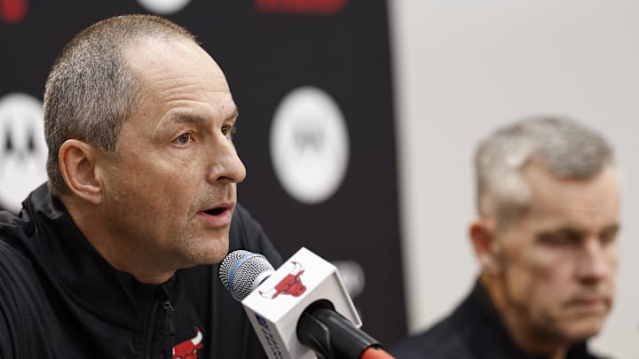 Sep 30, 2024; Chicago, Il, USA; Chicago Bulls vice president of basketball operations Arturas Karnisovas speaks during Chicago Bulls Media Day. Mandatory Credit: Kamil Krzaczynski-Imagn Images