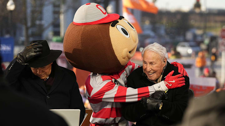 Lee Corso and the Ohio State Buckeyes mascot on the ESPN College GameDay set ahead of the 2024 College Football Playoff. 