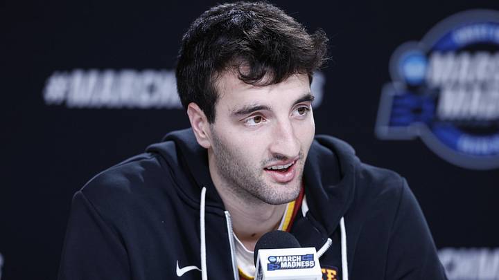 Mar 26, 2026; Chicago, IL, USA; Iowa State Cyclones forward Milan Momcilovic (22) speaks ahead of the Midwest regional of the men's 2026 NCAA Tournament at United Center.
