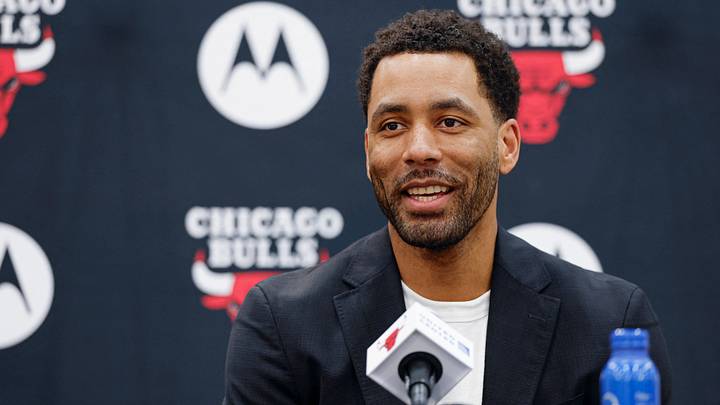 Jun 17, 2026; Chicago, Il, USA; Chicago Bulls Executive Vice President of Basketball Operations Bryson Graham introduces Chicago Bulls new head coach Tiago Splitter during a press conference at Advocate Center. Mandatory Credit: Kamil Krzaczynski-Imagn Images