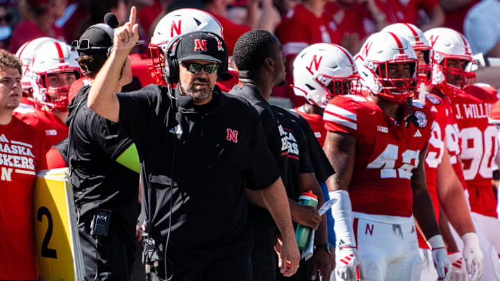 Aug 31, 2024; Lincoln, Nebraska, USA; Nebraska Cornhuskers head coach Matt Rhule reacts during the second quarter against the UTEP Miners at Memorial Stadium.