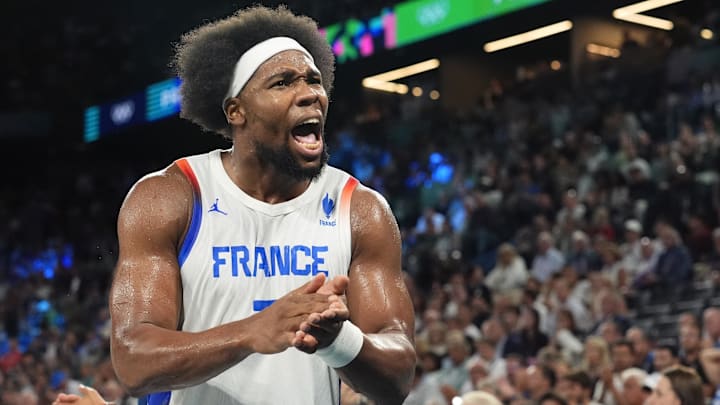 Aug 8, 2024; Paris, France; France power forward Guerschon Yabusele (7) celebrates during the second half against Germany in a men's basketball semifinal game during the Paris 2024 Olympic Summer Games at Accor Arena. Mandatory Credit: Rob Schumacher-Imagn Images