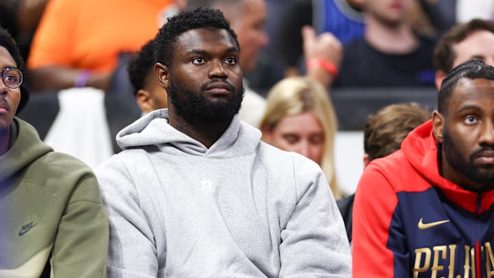 New Orleans Pelicans forward Zion Williamson looks on from the bench.
