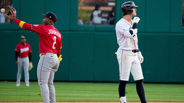 Columbus Clippers Nolan Jones (34) celebrates after making it to second base during the home opener against the Indianapolis Indians at Huntington Park on Tuesday, March 31, 2026 in Columbus, Ohio. Columbus Clippers Nolan Jones (34) celebrates after making it to second base during the home opener against the Indianapolis Indians at Huntington Park on Tuesday, March 31, 2026 in Columbus, Ohio.
