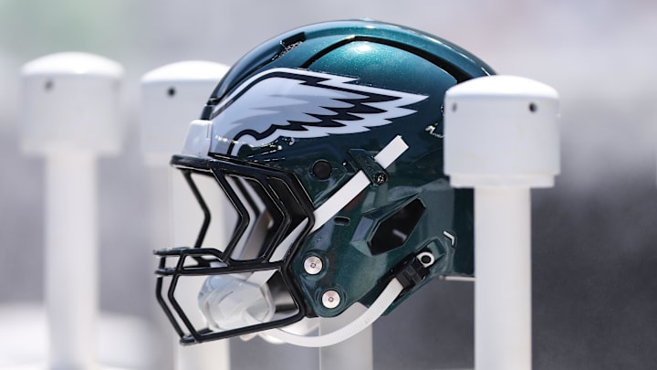 Aug 16, 2025; Philadelphia, Pennsylvania, USA; Philadelphia Eagles helmet on the bench during a game against the Cleveland Browns at Lincoln Financial Field. Mandatory Credit: Bill Streicher-Imagn Images