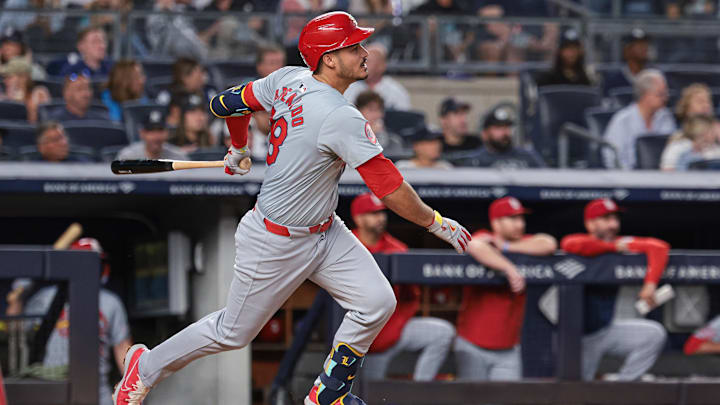 Aug 30, 2024; Bronx, New York, USA; St. Louis Cardinals third baseman Nolan Arenado (28) singles during the third inning against the New York Yankees at Yankee Stadium. Mandatory Credit: Vincent Carchietta-Imagn Images Aug 30, 2024; Bronx, New York, USA; St. Louis Cardinals third baseman Nolan Arenado (28) singles during the third inning against the New York Yankees at Yankee Stadium. Mandatory Credit: Vincent Carchietta-Imagn Images