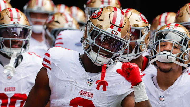 Sep 7, 2025; Seattle, Washington, USA; San Francisco 49ers running back Brian Robinson Jr. (3) dances before player introductions against the Seattle Seahawks at Lumen Field. Mandatory Credit: Joe Nicholson-Imagn Images