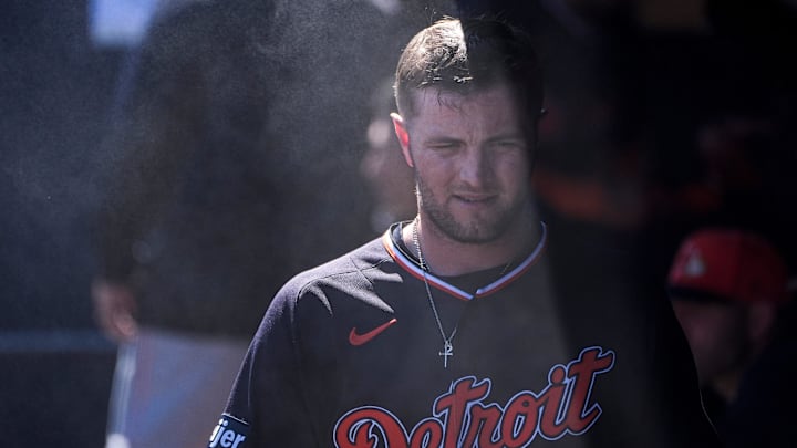 Detroit Tigers infielder Jace Jung in the dugout during the second inning against New York Yankees at George M. Steinbrenner Field in Tampa, Fla. on Saturday, Feb. 21, 2026.
