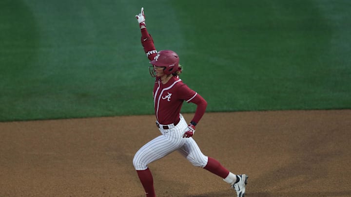 May 7, 2025; Athens, GA, USA; Alabama outfielder Audrey Vandagriff (12) reacts to her home run in a game against South Carolina at Jack Turner Stadium. 
