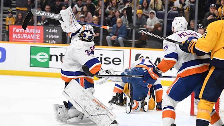 Jan 13, 2024; Nashville, Tennessee, USA; New York Islanders goaltender Ilya Sorokin (30) watches as