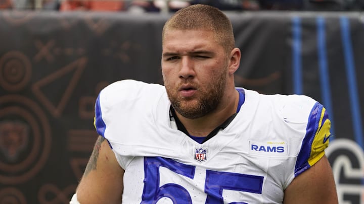 Sep 29, 2024; Chicago, Illinois, USA; Los Angeles Rams defensive tackle Braden Fiske (55) in a game against the Chicago Bears at Soldier Field. Mandatory Credit: David Banks-Imagn Images Sep 29, 2024; Chicago, Illinois, USA; Los Angeles Rams defensive tackle Braden Fiske (55) in a game against the Chicago Bears at Soldier Field. Mandatory Credit: David Banks-Imagn Images