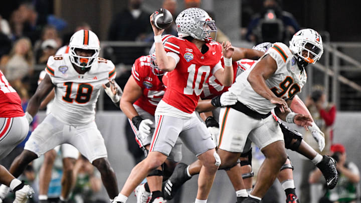 Ohio State quarterback Julian Sayin (10) throws during the third quarter against Miami during the 2025 Cotton Bowl Ohio State quarterback Julian Sayin (10) throws during the third quarter against Miami during the 2025 Cotton Bowl