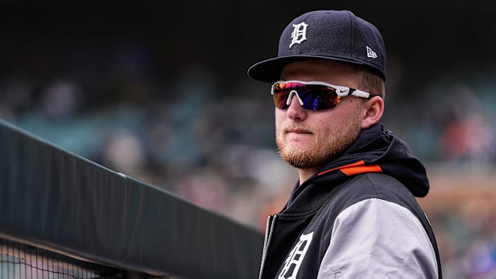 Detroit Tigers’ Parker Meadows watches a play against New York Yankees during the seventh inning at Comerica Park in Detroit on Wednesday, April 9, 2025.