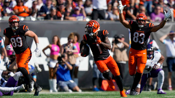 Cincinnati Bengals wide receiver Ja'Marr Chase (1) breaks away to run a reception down field for a touchdown in the fourth quarter of the NFL Week 5 game between the Cincinnati Bengals and Baltimore Ravens at Paycor Stadium in downtown Cincinnati on Sunday, Oct. 6, 2024. The Bengals fell to 1-4 on the season with a 41-38 loss to the Ravens. Cincinnati Bengals wide receiver Ja'Marr Chase (1) breaks away to run a reception down field for a touchdown in the fourth quarter of the NFL Week 5 game between the Cincinnati Bengals and Baltimore Ravens at Paycor Stadium in downtown Cincinnati on Sunday, Oct. 6, 2024. The Bengals fell to 1-4 on the season with a 41-38 loss to the Ravens.