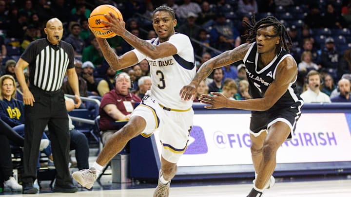 Notre Dame guard Markus Burton (3) drives to the basket during a NCAA men's basketball game against Bellarmine at Purcell Pavilion on Wednesday, Nov. 19, 2025, in South Bend. Notre Dame guard Markus Burton (3) drives to the basket during a NCAA men's basketball game against Bellarmine at Purcell Pavilion on Wednesday, Nov. 19, 2025, in South Bend.