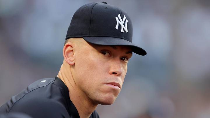 Jun 29, 2026; Bronx, New York, USA; New York Yankees injured outfielder Aaron Judge watches from the dugout during the second inning against the Detroit Tigers at Yankee Stadium. Mandatory Credit: Brad Penner-Imagn Images