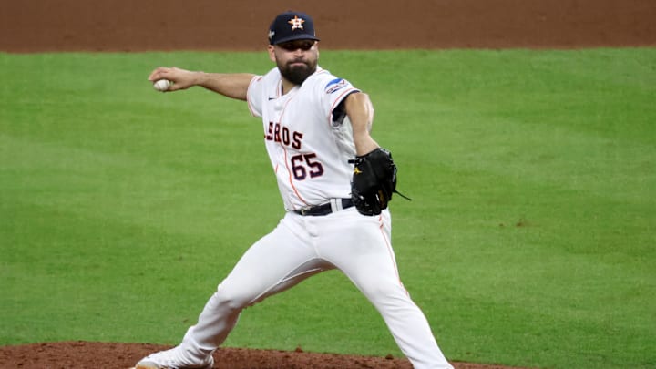 Oct 23, 2023; Houston, Texas, USA; Houston Astros pitcher Jose Urquidy (65) throws during the eighth