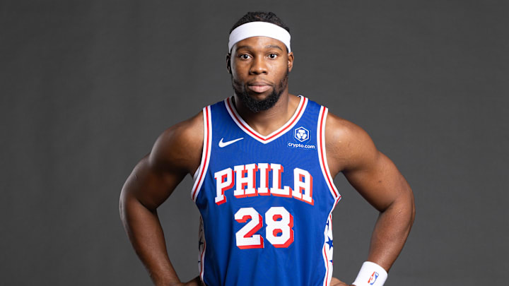 Sep 30, 2024; Camden, NJ, USA; Philadelphia 76ers forward Guerschon Yabusele (28) poses for a photo on media day at the Philadelphia 76ers Training Complex. Mandatory Credit: Bill Streicher-Imagn Images