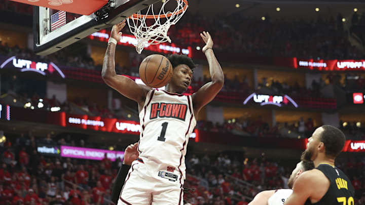 May 4, 2025; Houston, Texas, USA; Houston Rockets forward Amen Thompson (1) dunks the ball during game seven of the first round for the 2025 NBA Playoffs against the Golden State Warriors at Toyota Center. Mandatory Credit: Troy Taormina-Imagn Images
