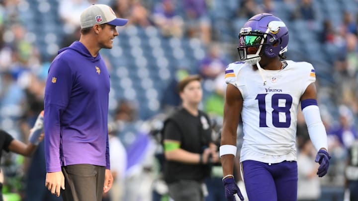 Aug 10, 2023; Seattle, Washington, USA; Minnesota Vikings head coach Kevin O Connell and Minnesota Vikings wide receiver Justin Jefferson (18) during warmups prior to the game at Lumen Field.