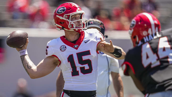 Apr 13, 2024; Athens, GA, USA; Georgia Bulldogs quarterback Carson Beck (15) passes the ball during the G-Day Game at Sanford Stadium. Mandatory Credit: Dale Zanine-USA TODAY Sports Apr 13, 2024; Athens, GA, USA; Georgia Bulldogs quarterback Carson Beck (15) passes the ball during the G-Day Game at Sanford Stadium. Mandatory Credit: Dale Zanine-USA TODAY Sports