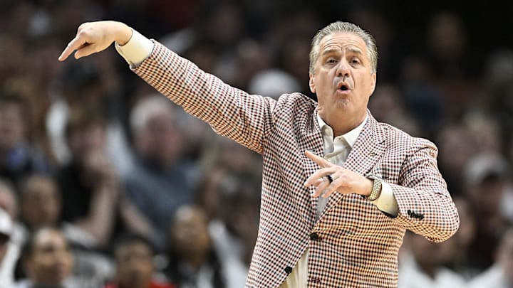 Arkansas head coach John Calipari directs his players in the first half against the High Point Panthers during a second round game of the men's 2026 NCAA Tournament at Moda Center. 