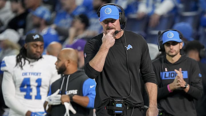 Nov 24, 2024; Indianapolis, Indiana, USA; Detroit Lions head coach Dan Campbell walks the sideline during a game against the Indianapolis Colts at Lucas Oil Stadium. Mandatory Credit: Grace Hollars/USA TODAY Network via Imagn Images