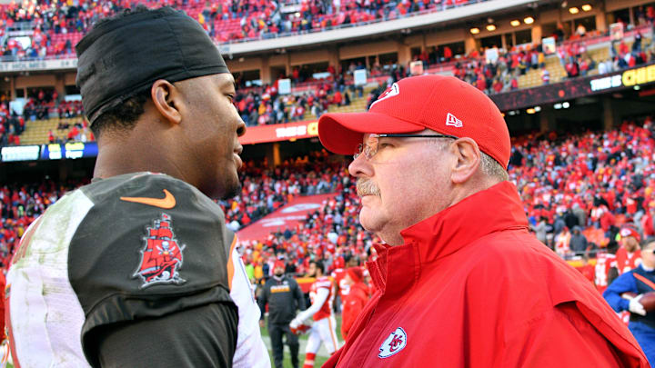 Nov 20, 2016; Kansas City, MO, USA; Tampa Bay Buccaneers quarterback Jameis Winston (3) talks with Kansas City Chiefs head coach Andy Reid after the game at Arrowhead Stadium. Tampa Bay won 19-17. Mandatory Credit: Denny Medley-Imagn Images Nov 20, 2016; Kansas City, MO, USA; Tampa Bay Buccaneers quarterback Jameis Winston (3) talks with Kansas City Chiefs head coach Andy Reid after the game at Arrowhead Stadium. Tampa Bay won 19-17. Mandatory Credit: Denny Medley-Imagn Images