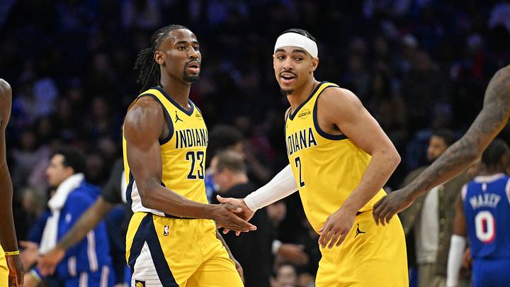 Jan 19, 2026; Philadelphia, Pennsylvania, USA; Indiana Pacers guard Aaron Nesmith (23) and guard Andrew Nembhard (2) celebrate against the Philadelphia 76ers during the second quarter at Xfinity Mobile Arena. Mandatory Credit: Eric Hartline-Imagn Images Jan 19, 2026; Philadelphia, Pennsylvania, USA; Indiana Pacers guard Aaron Nesmith (23) and guard Andrew Nembhard (2) celebrate against the Philadelphia 76ers during the second quarter at Xfinity Mobile Arena. Mandatory Credit: Eric Hartline-Imagn Images