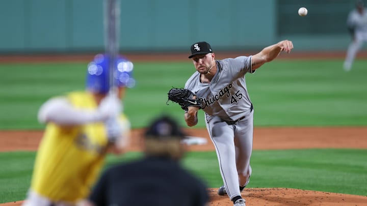 Sep 7, 2024; Boston, Massachusetts, USA; Chicago White Sox starting pitcher Garrett Crochet (45) throws a pitch during the first inning against the Boston Red Sox at Fenway Park. Mandatory Credit: Paul Rutherford-Imagn Images