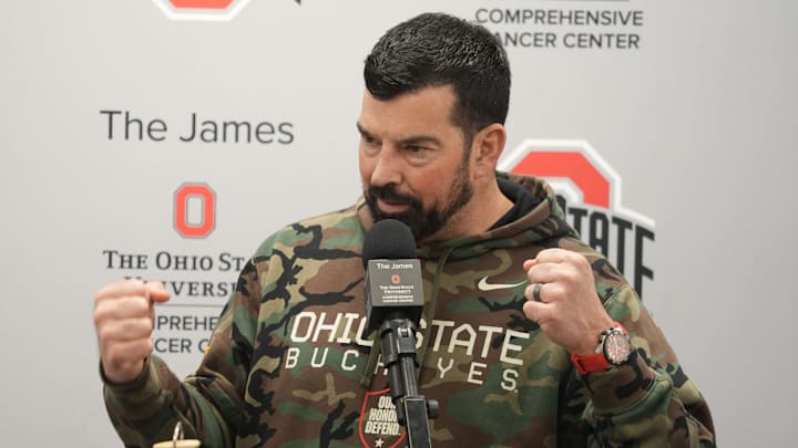 Ohio State Football coach Ryan Day gestures during an April 7, 2025 news conference at the Woody Hayes Athletic Center.