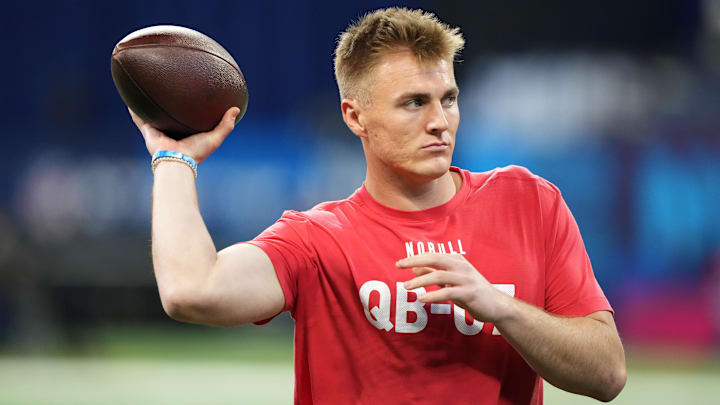Mar 2, 2024; Indianapolis, IN, USA; Oregon quarterback Bo Nix (QB07) during the 2024 NFL Combine at Lucas Oil Stadium. 