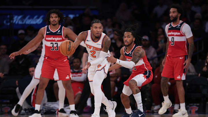 Oct 13, 2025; New York, New York, USA; New York Knicks guard Miles McBride (2) passes the ball during the second half against the Washington Wizards at Madison Square Garden. Mandatory Credit: Vincent Carchietta-Imagn Images Oct 13, 2025; New York, New York, USA; New York Knicks guard Miles McBride (2) passes the ball during the second half against the Washington Wizards at Madison Square Garden. Mandatory Credit: Vincent Carchietta-Imagn Images