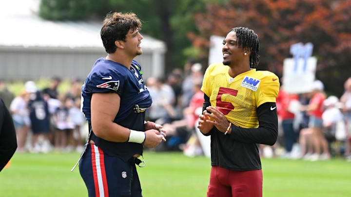 Will Campbell and the Patriots practiced with Jayden Daniels and the Commanders on Wednesday.