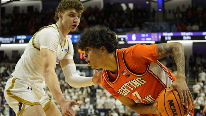 Dec 6, 2024; Evanston, Illinois, USA; Northwestern Wildcats forward Nick Martinelli (2) defends Illinois Fighting Illini forward Will Riley (7) during the first half at Welsh-Ryan Arena. Mandatory Credit: David Banks-Imagn Images Dec 6, 2024; Evanston, Illinois, USA; Northwestern Wildcats forward Nick Martinelli (2) defends Illinois Fighting Illini forward Will Riley (7) during the first half at Welsh-Ryan Arena. Mandatory Credit: David Banks-Imagn Images