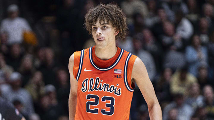 Jan 24, 2026; West Lafayette, Indiana, USA; Illinois Fighting Illini guard Keaton Wagler (23) looks at his teammate during the second half against the Purdue Boilermakers at Mackey Arena. Mandatory Credit: Jacob Musselman-Imagn Images