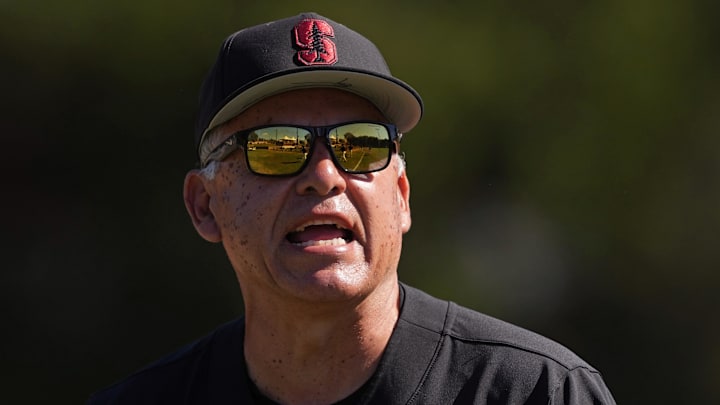 Mar 1, 2025; Stanford, CA, USA; Stanford Cardinal manager David Esquer before the game against the Xavier Musketeers at Sunken Diamond. Mandatory Credit: Darren Yamashita-Imagn Images Mar 1, 2025; Stanford, CA, USA; Stanford Cardinal manager David Esquer before the game against the Xavier Musketeers at Sunken Diamond. Mandatory Credit: Darren Yamashita-Imagn Images