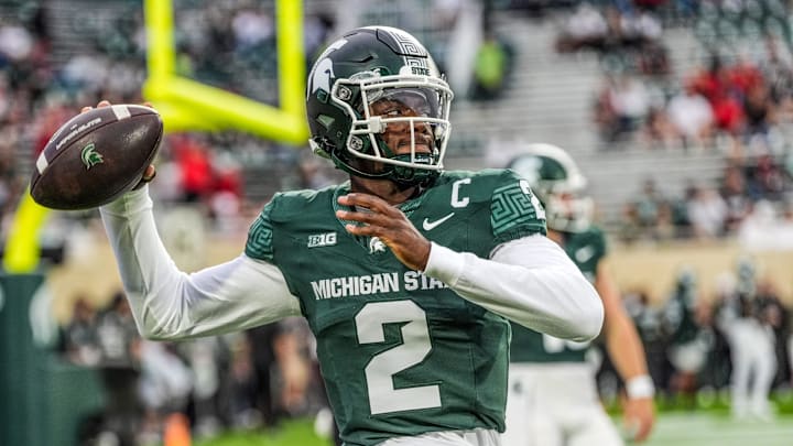 Michigan State Spartans quarterback Aidan Chiles (2) warms up before the NCAA football game against Ohio State University at Spartan Stadium in East Lansing, Saturday, Sept. 28, 2024.