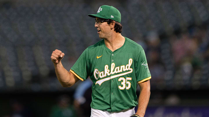 Aug 19, 2024; Oakland, California, USA; Oakland Athletics pitcher Joe Boyle (35) reacts during the fifth inning against the Tampa Bay Rays at Oakland-Alameda County Coliseum. Mandatory Credit: Stan Szeto-Imagn Images